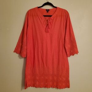 J.CREW Factory Red/Orange Eyelit Detail‎ ¾ Sleeve Tunic Dress Cover-Up Women's M